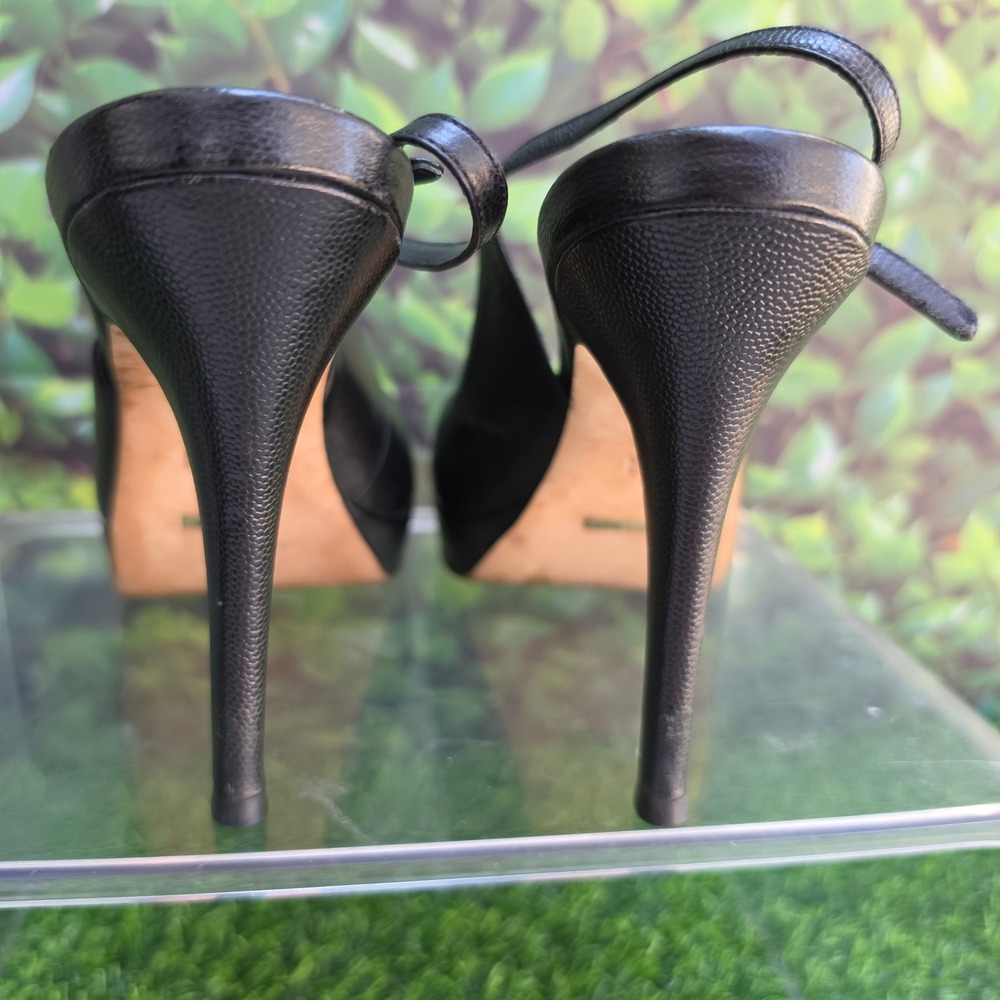 Cole Haan Black Pebbled Leather Peep Toe Slingback Platform Heels 9.5B - Picture 3 of 9